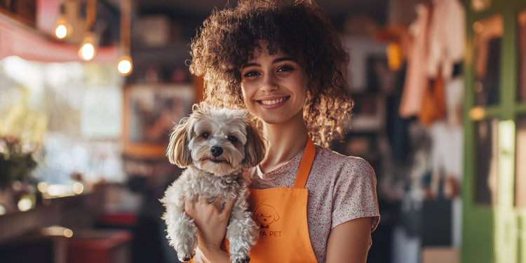 A small dog held by a person wearing a CIYA PET apron